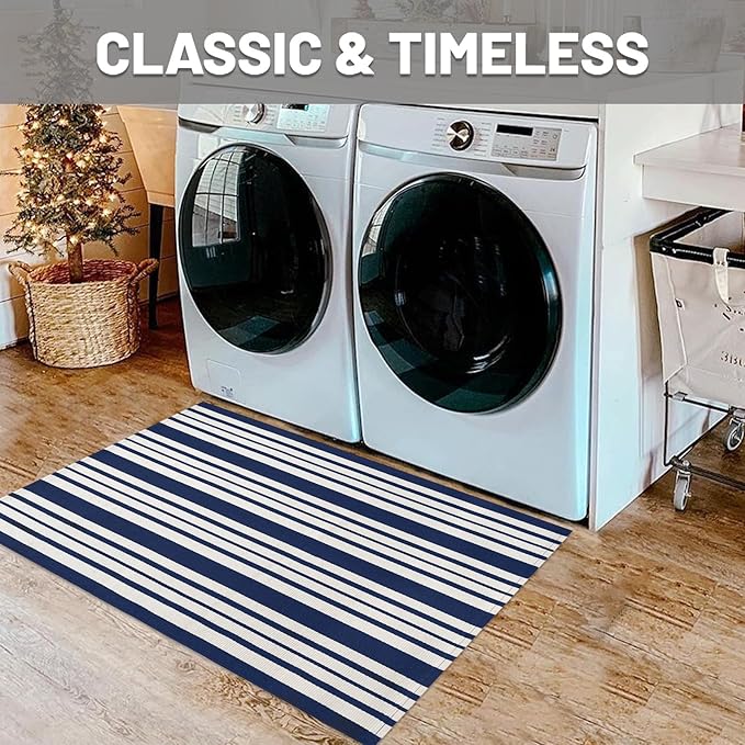 IOHOUZE Navy and White Striped Rug 2'x3' Front Door Rugs, Small Washable Area Rug for Front Porch, Spring Summer Doormats Outdoor Indoor, Cotton Rugs for Entryway Porch Entrance