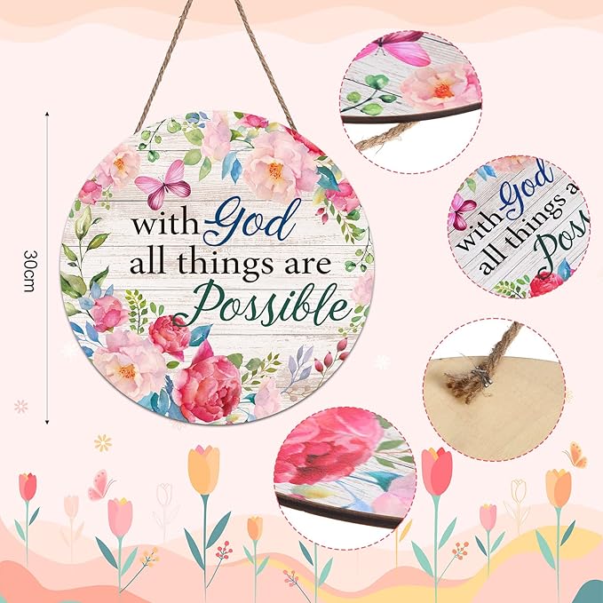Spring Welcome Wreaths Sign Farmhouse Spring Door Hanger with God all Things are Possible Wall Sign Inspirational Hanging Decorations Religious Faith Decor Summer Flower Butterfly for Front Door
