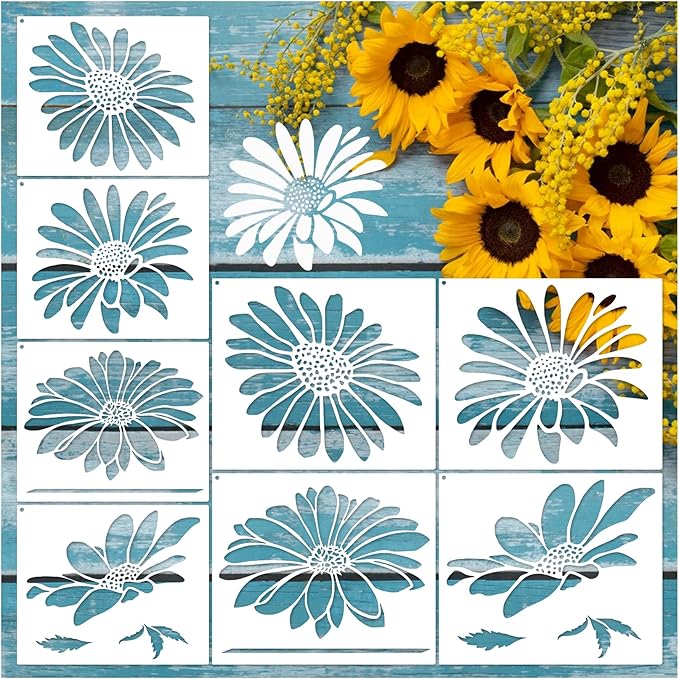 Large Flower Stencils Painting on Wood Reusable Floral Wall Stencil Templates for Painting on Wood Furniture Garden Fence Wall Mural(Sunflower)