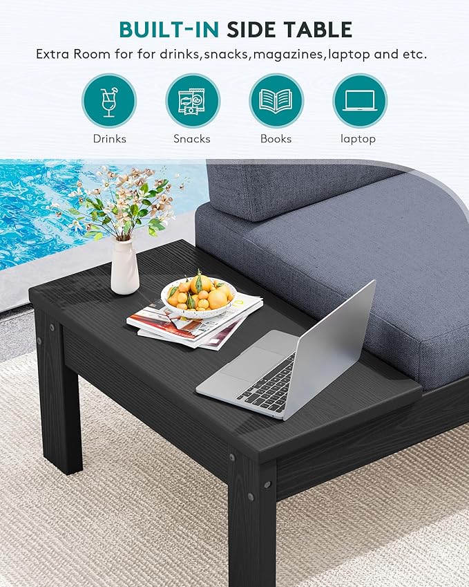 SERWALL HDPE Outdoor Furniture Set, 4 Seats Outdoor Sectional with Coffee Table, All-Weather Patio Sofa Set, Patio Conversation Sets with Adjustable Backrest Sofa for Garden, Backyard, Black with Grey