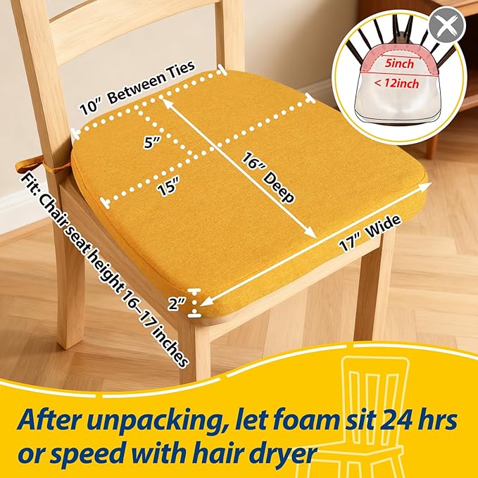 AAAAAcessories D-Shaped Chair Cushions, 2" Thick Dining Chair Pads with Ties and Removable, Machine-Washable Cover, 17" x 16", Set of 8, Golden Yellow