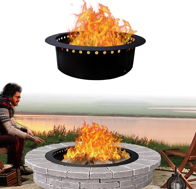 FEBTECH Smokeless Fire Pit Insert - Steel 36" Round Foldable Fire Pit Ring with Air Vents and Coller Support - DIY Fire Ring in or Above Ground for Outdoor Garden Bonfire Patio Camping Accessories