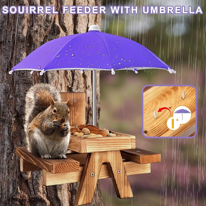 Gnodary Squirrel Feeder with Umbrella, Squirrel Feeders for Outside, Squirrel Picnic Table Feeder - Chipmunk Feeder Hold Corn, Corn Cob, Peanuts (Dark Purple)