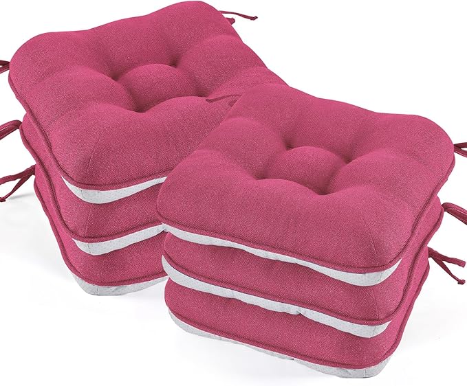 BETU Chair Cushions for Dining Chairs Set of 6,3.5" Thick Kitchen Table Chair Pads with Ties,Non Slip Backing and Covers, Seat Cushion for Dining Room,Bar,Patio Chairs,16"X16"X3.5",Hot Pink