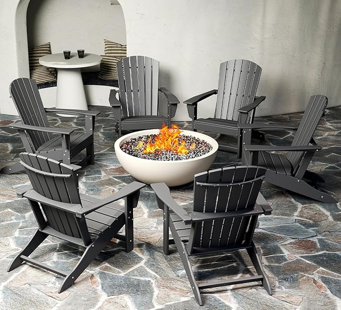 BRIOPAWS Adirondack-Chairs-Set of 6 | Fire Pit Chair | Oversized | HDPE Plastic | Weather Resistant | for Deck Outdoor Poolside Campfire | Grey
