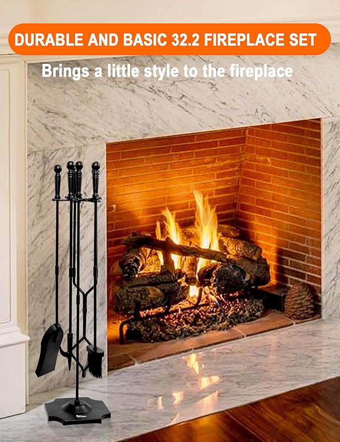 VODA Large 5 Pcs Fireplace Tools Set Black Fire Place Tools Indoor Outdoor Fire Place Poker Set with Stand, Including Fireplace Poker,Fireplace Tongs,Fireplace Shovel,Fireplace Brush and Sturdy Base