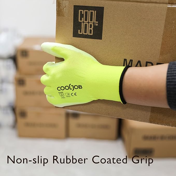 COOLJOB 60 Pairs Safety Work Gloves Pack Bulk with Grip PU Coating, 13 Gauge Seamless Knit Gloves with Polyurethane Dipped for Warehouse Working, Breathable Lightweight for Men Women, Yellow Medium