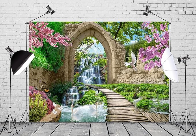 BELECO 7x5ft Fabric Romantic Garden Backdrop Mountain Waterfall Blooming Cherry Blossoms Dove Swan Lake River Bridge Wonderland Background Home Wall Decor Birthday Wedding Photoshoot Studio Props