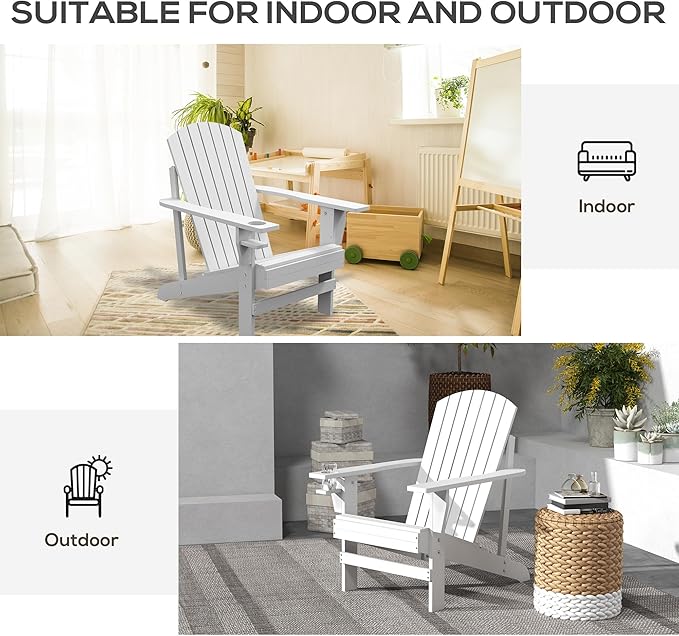 Outsunny Wooden Adirondack Chair, Outdoor Patio Lawn Chair with Cup Holder, Weather Resistant Lawn Furniture, Classic Lounge for Deck, Garden, Backyard, Fire Pit, White