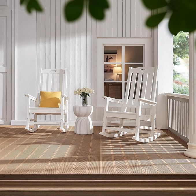 Psilvam Oversized Outdoor Rocking Chair Set of 2, Porch Rocker with 21" Wide Seat and 32" Tall Backrest, Pre-Assembled with Most Components for Effortless Installation (White)