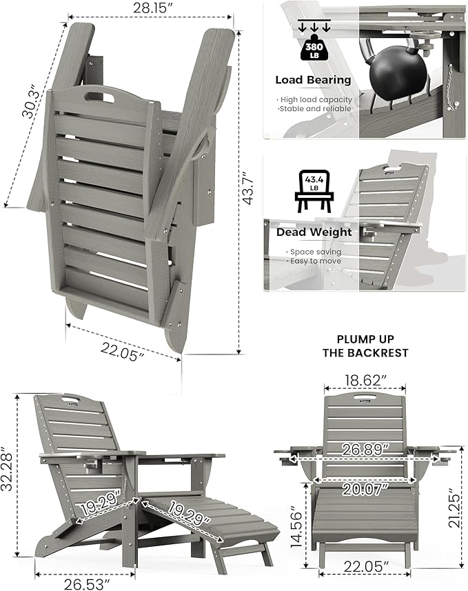Ciokea Folding Adirondack Chair Set of 2 with Retractable Ottoman, Outdoor Fire Pit Chair with Pull Out Foot Rest Weather Resistant Lawn Patio Chair with 2 Cup Holder (Gray)