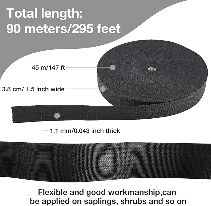 Shappy Tree Tie Strap Garden Webbing Strap Garden Plant Supports Tree Tie Staking for Outdoor Use, Plant Supports, Grafting, Straightening Supplies(Black,295 Feet x 1.5 Inch)