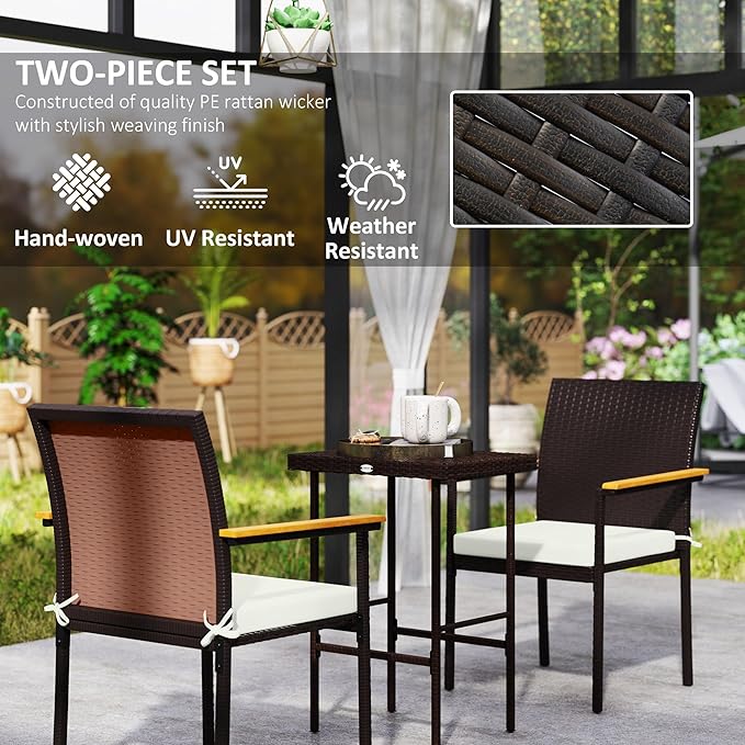 Outsunny Wicker Outdoor Dining Chairs Set of 2, Stackable PE Rattan Patio Dining Chairs with Cushions and Acacia Wood Armrests for Deck, Garden, 353 LBS Capacity, Cream White