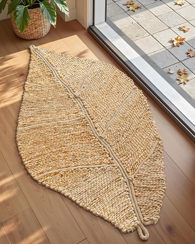 DEXI Jute Door Mat Inside Entryway Braided Woven, 24x35 Front Entrance Doormat Inside Leaf Shaped, Welcome Natural Fiber Entry Mats Farmhouse Home Decor, Beige