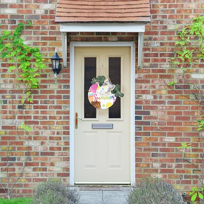 CHDITB 3D Hello Summer Wreath Wooden Sign, Ice Cream Themed Wooden Hanging Plaque, Welcome Summer Door Hanger, Colorful Popsicle Round Wall Art Sign Hanger for Front Porch Yard Garden Backyard Decor