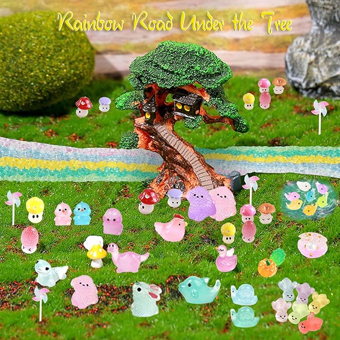 400pcs Luminous Mini Resin Animal in The Dark Tiny Miniature Figures Ornament Duck Frog Mushroom Owl Dog Rabbit Crab Dolphin Shell Fairy Garden Accessories Aquarium Landscape Bonsai Decor