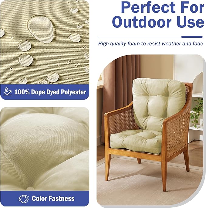 Outdoor Chair Cushions Set of 2, Patio Chair Cushions with Ties, 17x17+4” Tufted Outdoor Seat Cushions, Waterproof Patio Furniture Cushions, Outdoor Dining Chair Pads, Beige (Pack of 2)