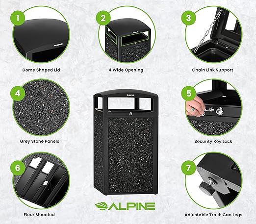 Alpine Industries 40 Gallon Commercial Outdoor Trash Can, Metal with Removable Bin & Locking Lid (Black, Grey Stone)