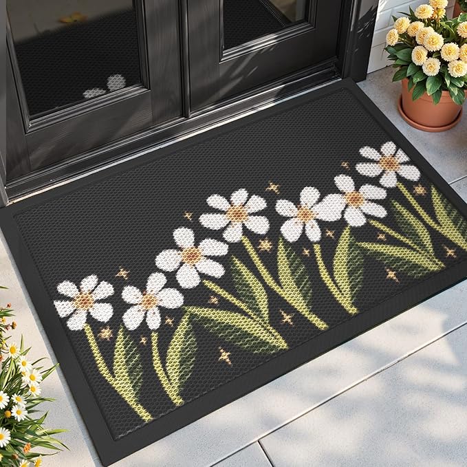 DEXI Front Door Mat Outside Entrance, Spring Entryway Doormat Dirt Trapper, Heavy Duty Non Slip Entry Mats for Patio Garage Porch Home Decorative, 32x48, Black