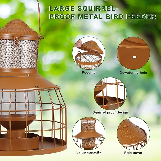Squirrel Proof Bird Feeders, Metal Wild Bird Feeders for Outdoors Hanging, 3.5LB Heavy Duty Caged Squirrel Proof Bird Feeders, Chew-Proof, Weather Resistant, Patio Backyard Garden Decor