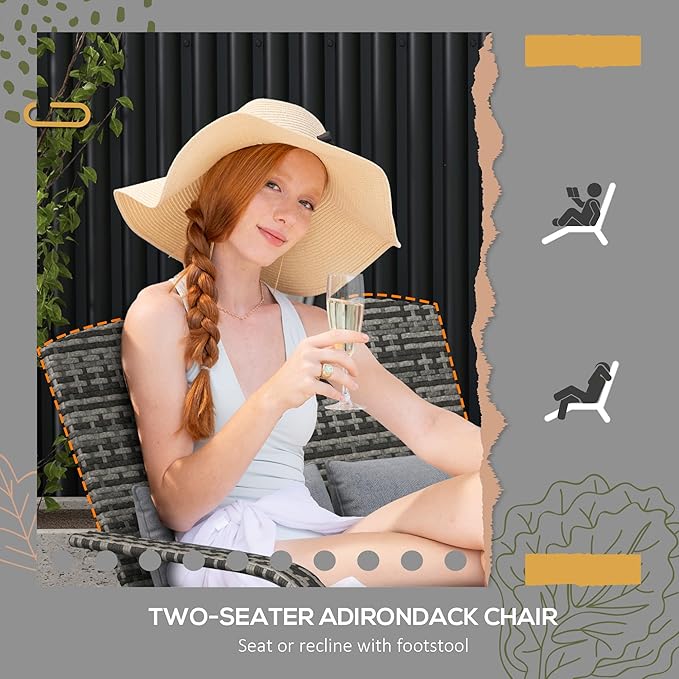 Outsunny Wicker Adirondack Chair for 2 with Cushions & Footrests, PE Rattan Double Chaise Lounge Chair, Fire Pit Chair for Porch with High-Back, Wide Armrests, Mixed Gray