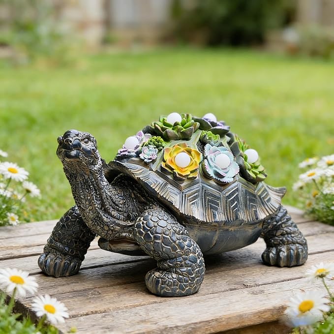 Solar-Powered Succulent Turtle Statue - Resin Garden Decor with LED Lights, Waterproof Outdoor Ornament for Patio, Yard, Lawn - Unique Housewarming Gifts