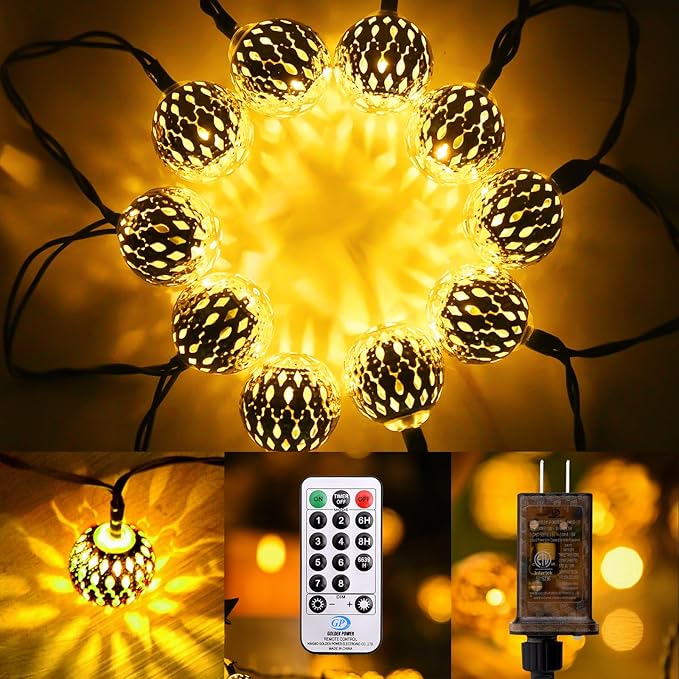 Moroccan String Lights Plug-in 60 LED 29ft Indoor Outdoor Waterproof 8 Modes Diwali Lights with Timer & Remote Control, Decorative Globe for Bedroom Christmas, Warm White