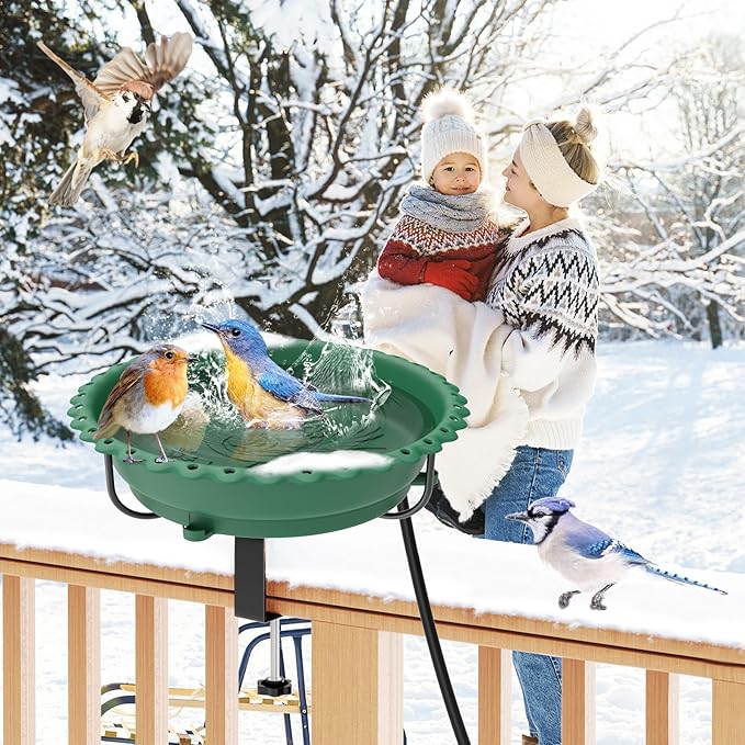 Heated Bird Bath for Outdoors, Upgraded 100W Thermostatically Controlled Heated Bird Baths for Deck Railing Large Capacity Heated Birdbath for Outside Winter Garden Yard Patio Lawn (Green)