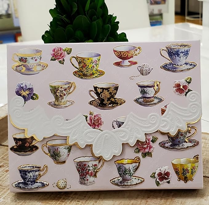 Poster Foundry Teacups Portfolio Boxed Note Cards by Carol Wilson. 10 embossed 4x5 Die-Cut Notecards and Matching Envelopes in Decorative Gift Box with Magnetic Flap. NCP2049