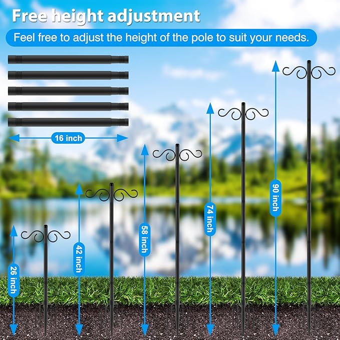 Adjustable Shepherd Hooks for Outdoor,4 Pack 90 Inch 5 Prong Base Bird Two Sided Feeder Poles,Heavy Duty Shepherds Hook,Suitable for Garden in Hanging Flower Basket,Lantern,Bird Nests