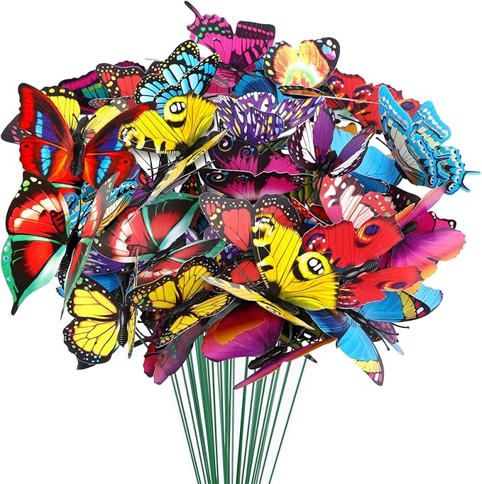 Augshy Butterfly Decorations, 75 Pcs Butterfly Stakes PVC Waterproof Decorative Colorfuli Garden Stakes for Indoor/Outdoor Christmas Yard Decor