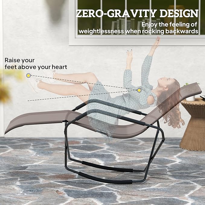 Outsunny Outdoor Folding Rocking Chair, Foldable Chaise Lounge Pool Chair, Zero Gravity Lounge Chair with Armrests for Sun Tanning, Sunbathing, Rocker for Patio, Lawn, Beach, Brown