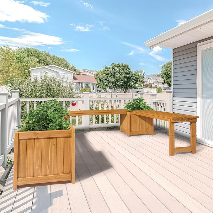 VINGLI Outdoor Wood Bench with Planter Boxes, 2-in-1 All-Weather Porch Bench Seat ＆ Open-Ended Wooden Raised Garden Bed, for Balcony Yard Patio (1 Box + Rectangle)