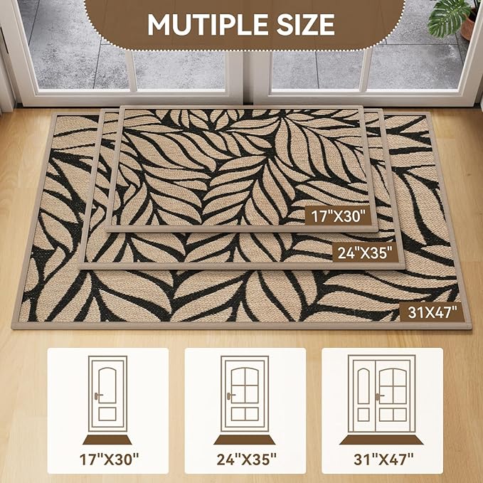 Door Mat Indoor Outside Entrance 17''x30'', Low-Profile Non Slip Outdoor Inside Front Doormat Entryway Mat, Dirt Resistant Absorbent Porch Welcome Entry Mats, Washable Easy Clean, Brown