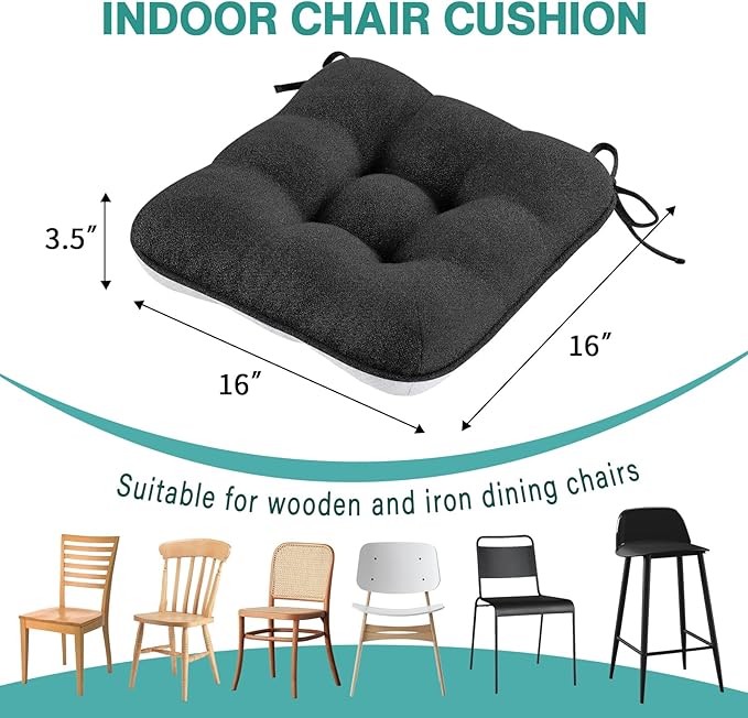 BETU Black Chair Cushions for Dining Chairs Set of 2,3.5" Thick Kitchen Table Chair Pads with Ties,Non Slip Backing and Covers,Seat Cushion for Dining Room,Bar,Patio Chairs,16"X16"X3.5",Black
