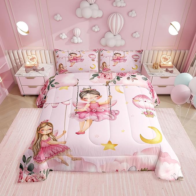 Erosebridal Pink Fairy King Comforter Set for Girls - Butterfly & Floral Bedding Set for Kids Teen, Moon and Stars Flower Quilt | Cute Fairies Bedroom Decor with 2 Pillowcases