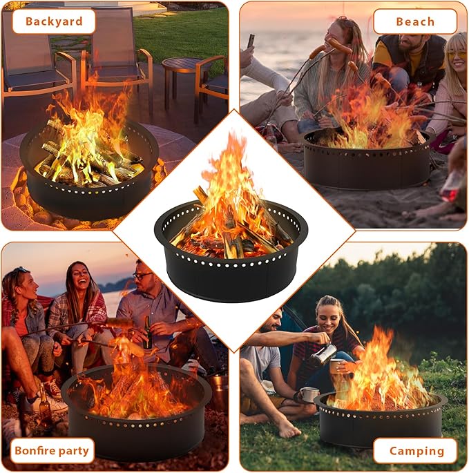 OUSHENG Smokeless Fire Pit Ring Outdoor, 33 Inch Outer 30 Inch Inner Round Wood Burning Firepit Accessories, DIY Metal Steel Liner Insert for Bonfire Outside Camping Above or In Ground