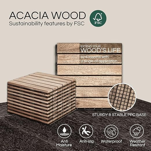 10 Pcs Deck Tiles, Patio Flooring - Outdoor Waterproof Acacia Wood Tiles for All Weather Use - Balcony, Backyard, Indoor & Outdoor (White Striped Pattern, 10 Square Ft)