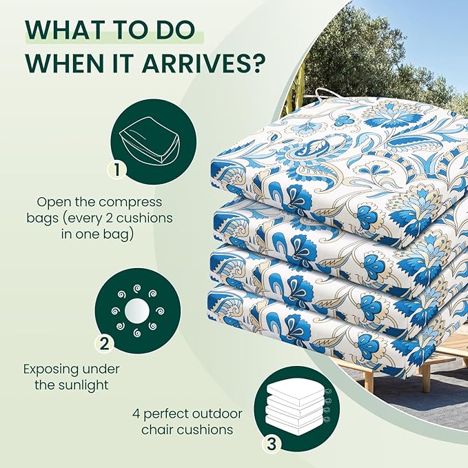 HARBOREST Outdoor Chair Cushions Set of 4, Water Resistant Patio Chair Cushions with Ties, Outdoor Seat Cushions for Patio Furniture, 17"x16"x2", Blue Butterfly