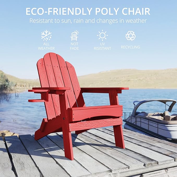 LUE BONA Folding Adirondack Chair Set of 4, Bright Red HDPS Weather Resistant Outdoor Chair with Cup Holder for Tailgate Party Backyard