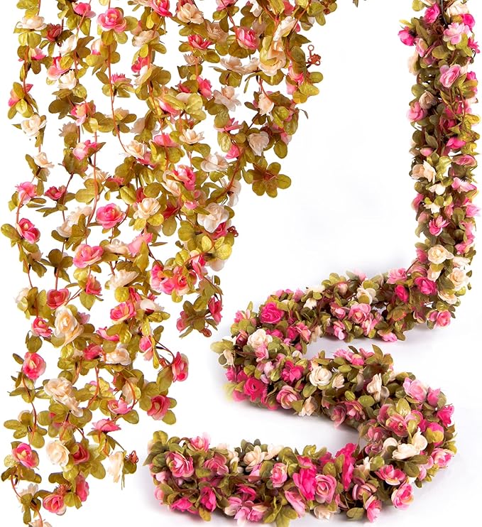 8 Pcs x 8.2 ft Flower Garland Artificial Rose Vine Flowers with Green Leaves Hanging Fake Roses Vine for Room Party Home Wedding Birthday Christmas Wall Arch Decor, Champagne Pink Flower