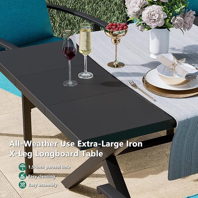 Kullavik 7 PCS Outdoor Dining Table Set for 6,Fence Pattern Back Chairs,Iron Longboard X-Leg Table w/Parasol Hole,Patio Furniture Set for Backyard,Garden,Poolside-Blue