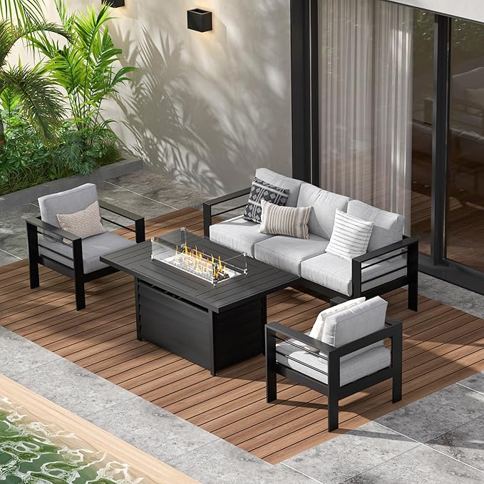 Wisteria Lane Aluminum Patio Furniture Set, 5 Seats Metal Outdoor Furniture Set with CSA Certified 54in Propane Gas Fire Pit Table, Patio Conversation Set with 5in Olefin Cover Cushions, Light Grey