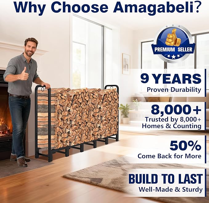 Amagabeli 6ft Firewood Rack Outdoor Heavy Duty Fire Wood Rack Log Holder Organizer Stand for Fireplace Indoor Adjustable Metal Wood Pile Lumber Storage Organizer Stacker for Patio Porch Black