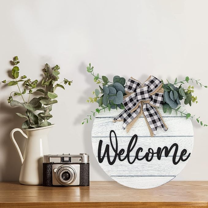 3D Welcome Wreaths for Front Door | White Horizontal Concave Stripes Wooden Farmhouse Welcome Sign for Home Wall Decor
