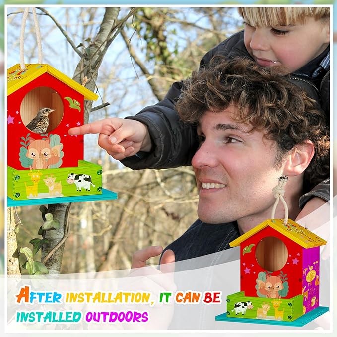 Liliful 16 Pack Wooden Birdhouse Kit DIY Bird House with Paint and Paintbrushes Art and Crafts Painting Kits for Boys Girls Adults Build Paint Classroom Birthday Indoor Outdoor Craft