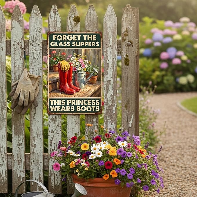 Country Girl Tin Sign - "This Princess Wears Boots" Inspirational Garden Decor - Metal Sign Vintage Red Rain Boots & Flowers Farmhouse Wall Art - 8x12 Aluminum Plaque for Shed, Porch, Yard