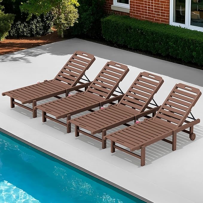 SERWALL Patio Chaise Lounge Set of 4, HDPE Outdoor Lounge Chair with Cup Holder, 5 Positions Adjustable Poly Lounger with Rolling Wheels for Poolside, Deck, Sunbathing, Brown