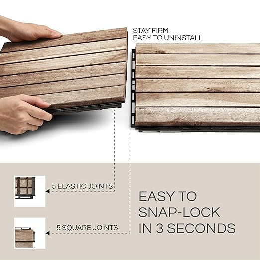 10 Pcs Deck Tiles, Patio Flooring - Outdoor Waterproof Acacia Wood Tiles for All Weather Use - Balcony, Backyard, Indoor & Outdoor (White Striped Pattern, 10 Square Ft)