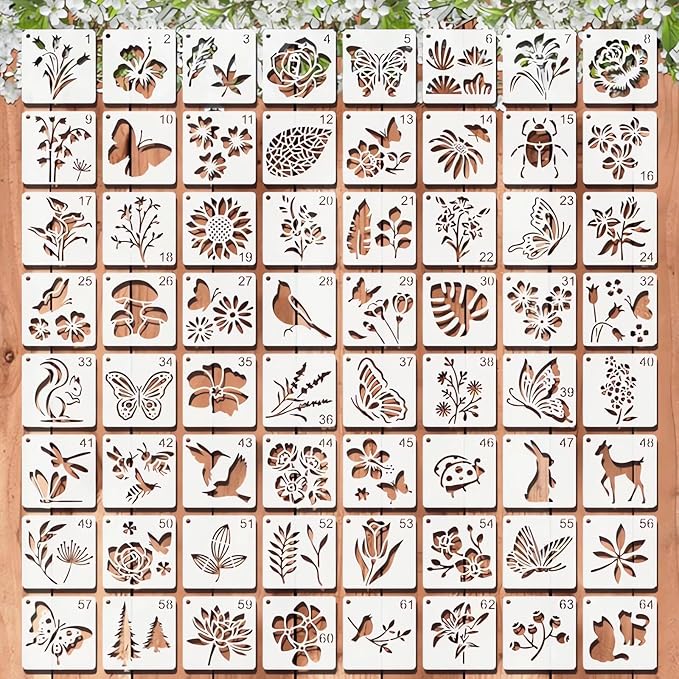 Stencils for Painting, 64pcs 3 Inch Stencils for Crafts Reusable Rock Painting Stencils Plastic Reusable Stencils for Painting on Wood Wall Tile Home Decor